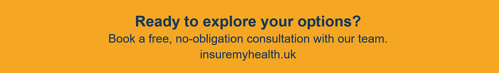 Text on an orange background reads: Ready to explore your SME health options? Book a free, no-obligation consultation with our team. Get your retention report at insuremyhealth.uk.